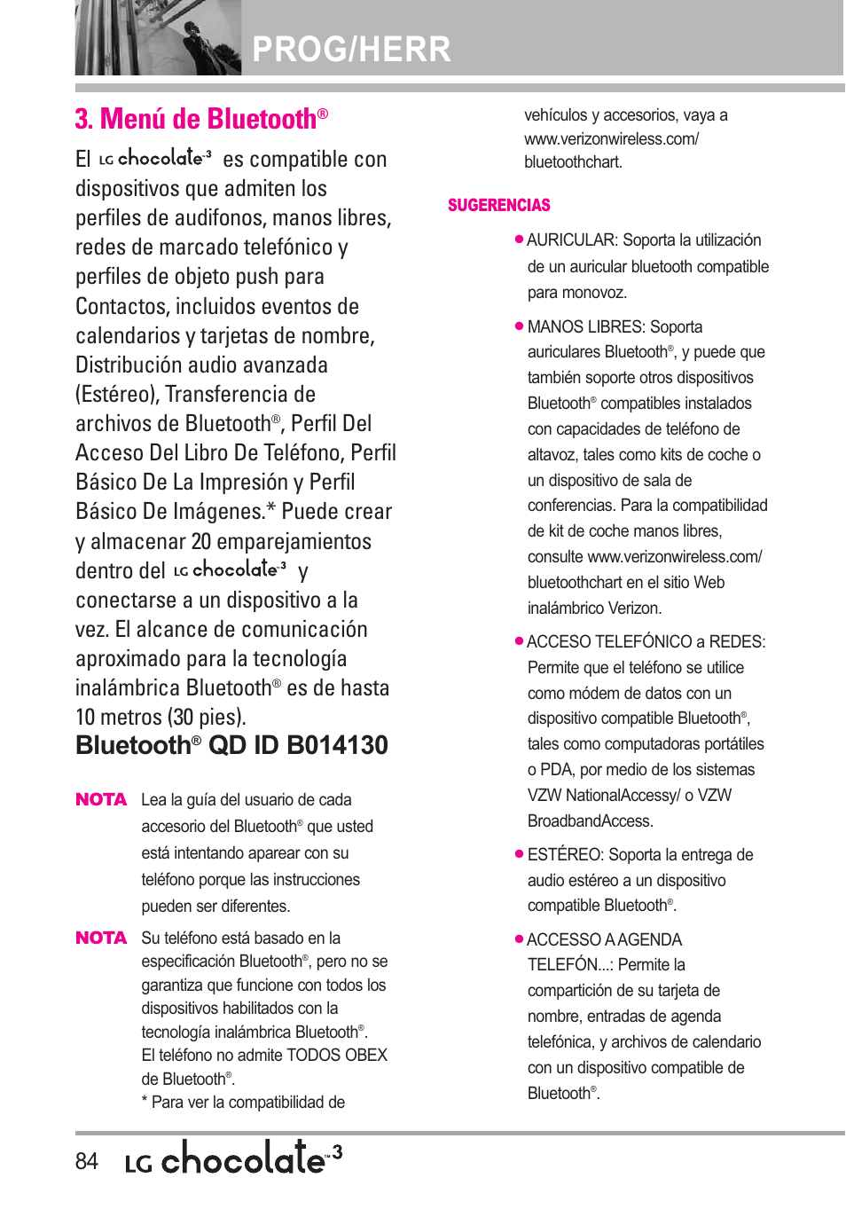 Menú de bluetooth, Prog/herr, Bluetooth | Es de hasta 10 metros (30 pies) | LG Chocolate 3 User Manual | Page 221 / 288