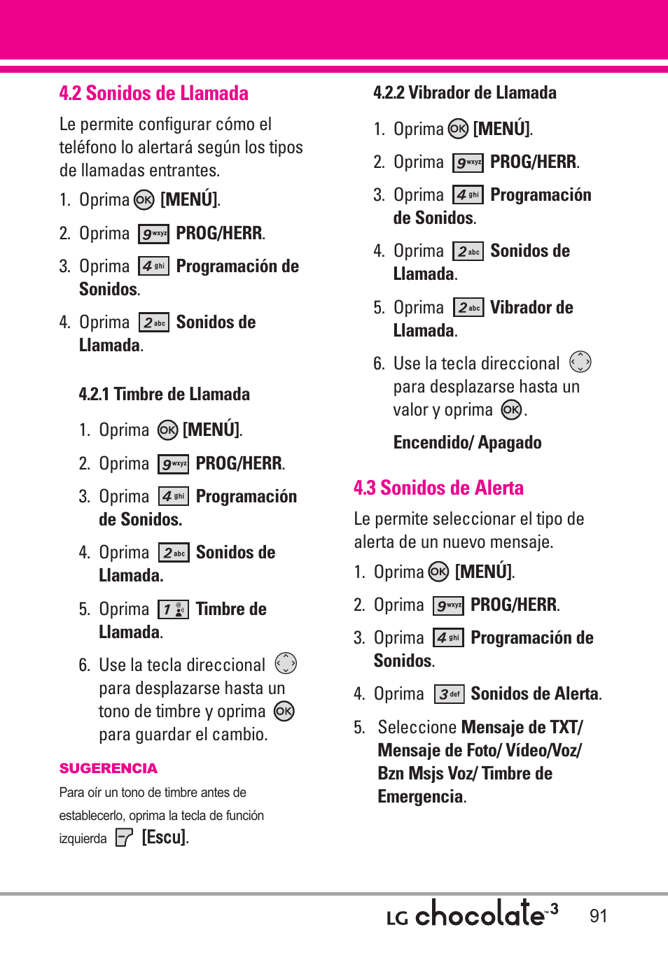 2 sonidos de llamada, 1 timbre de llamada, 2 vibrador de llamada | 3 sonidos de alerta, 1 timbre de llamada 4.2.2 vibrador de llamada | LG Chocolate 3 User Manual | Page 228 / 288