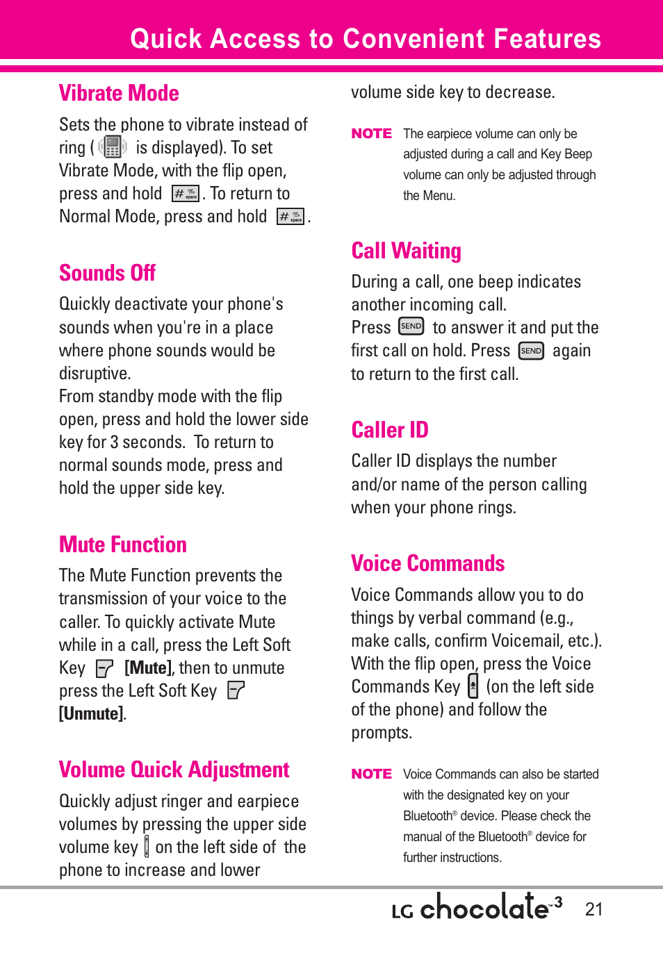 Quick access to convenient f, Vibrate mode, Sounds off | Mute function, Volume quick adjustment, Call waiting, Caller id, Voice commands, Quick access to convenient features | LG Chocolate 3 User Manual | Page 23 / 288