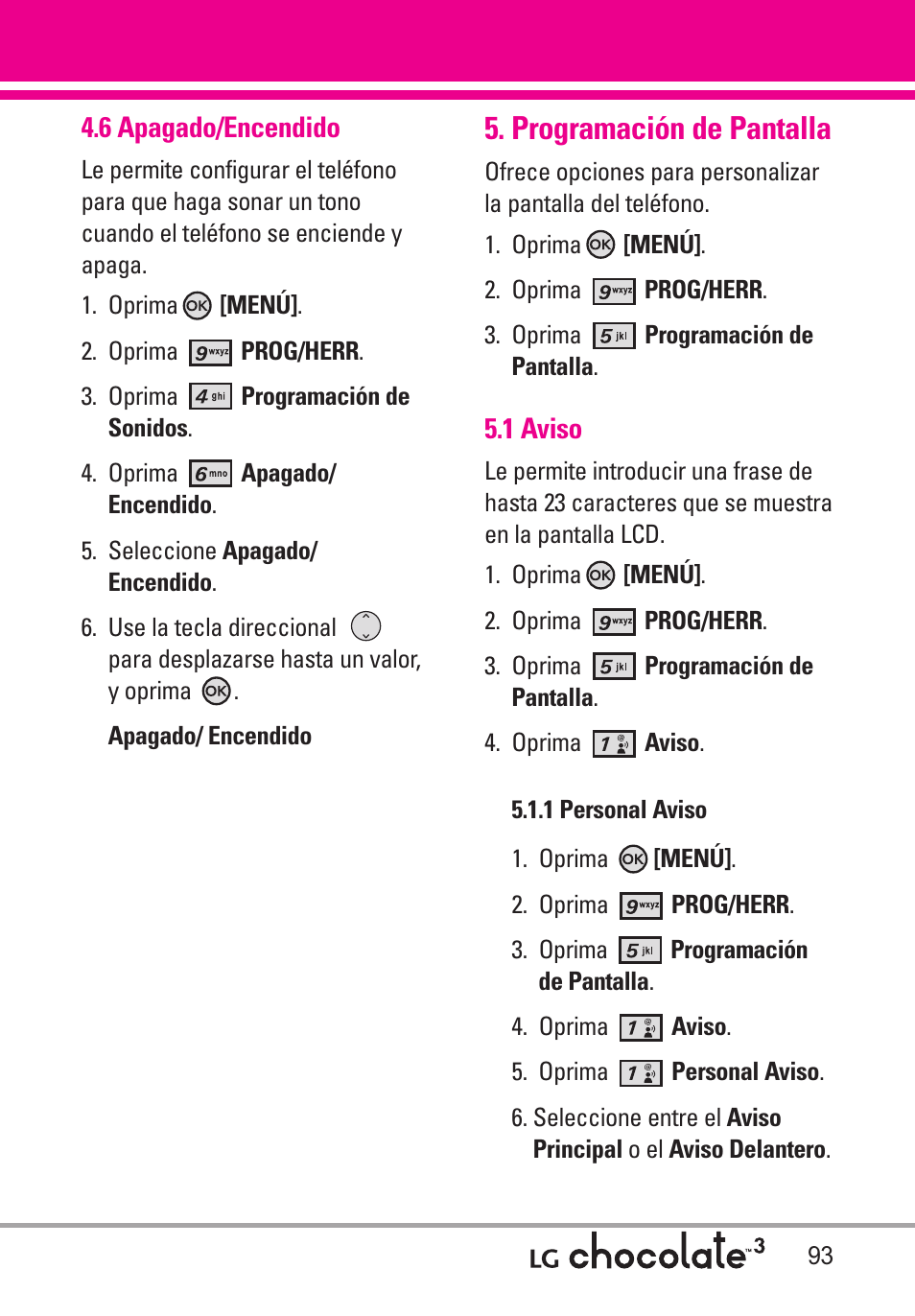 6 apagado/encendido, Programación de pantalla, 1 aviso | 1 personal aviso | LG Chocolate 3 User Manual | Page 230 / 288