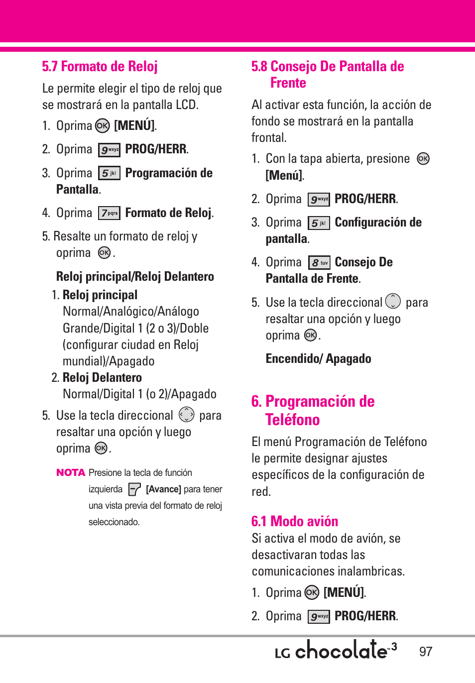 7 formato de reloj, 8 consejo de pantalla de, Programación de teléfono | 1 modo avión, 8 consejo de pantalla de frente 97 | LG Chocolate 3 User Manual | Page 234 / 288