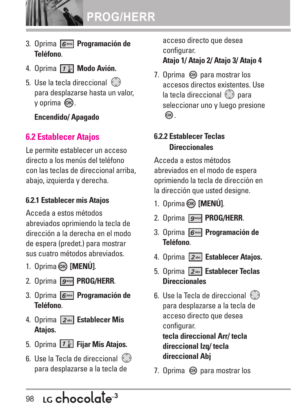 2 establecer atajos, 1 establecer mis atajos, 2 establecer teclas di | Prog/herr | LG Chocolate 3 User Manual | Page 235 / 288