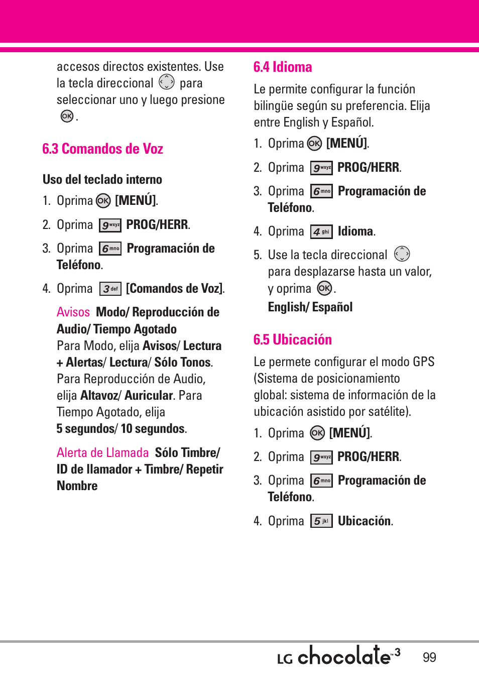 3 comandos de voz, 4 idioma, 5 ubicación | LG Chocolate 3 User Manual | Page 236 / 288