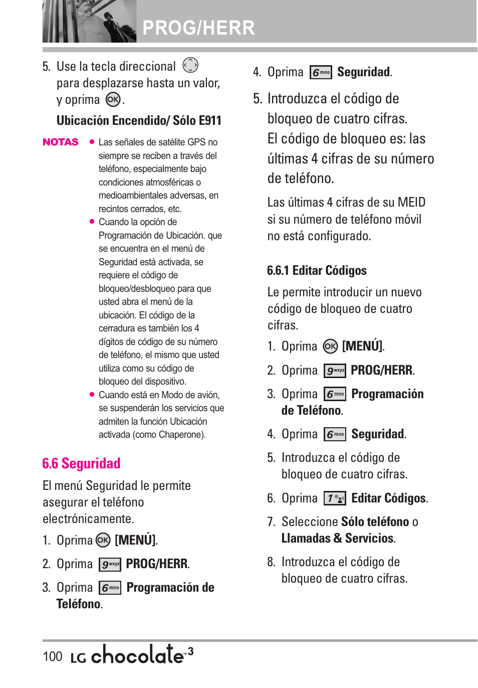 6 seguridad, 1 editar códigos, Prog/herr | LG Chocolate 3 User Manual | Page 237 / 288