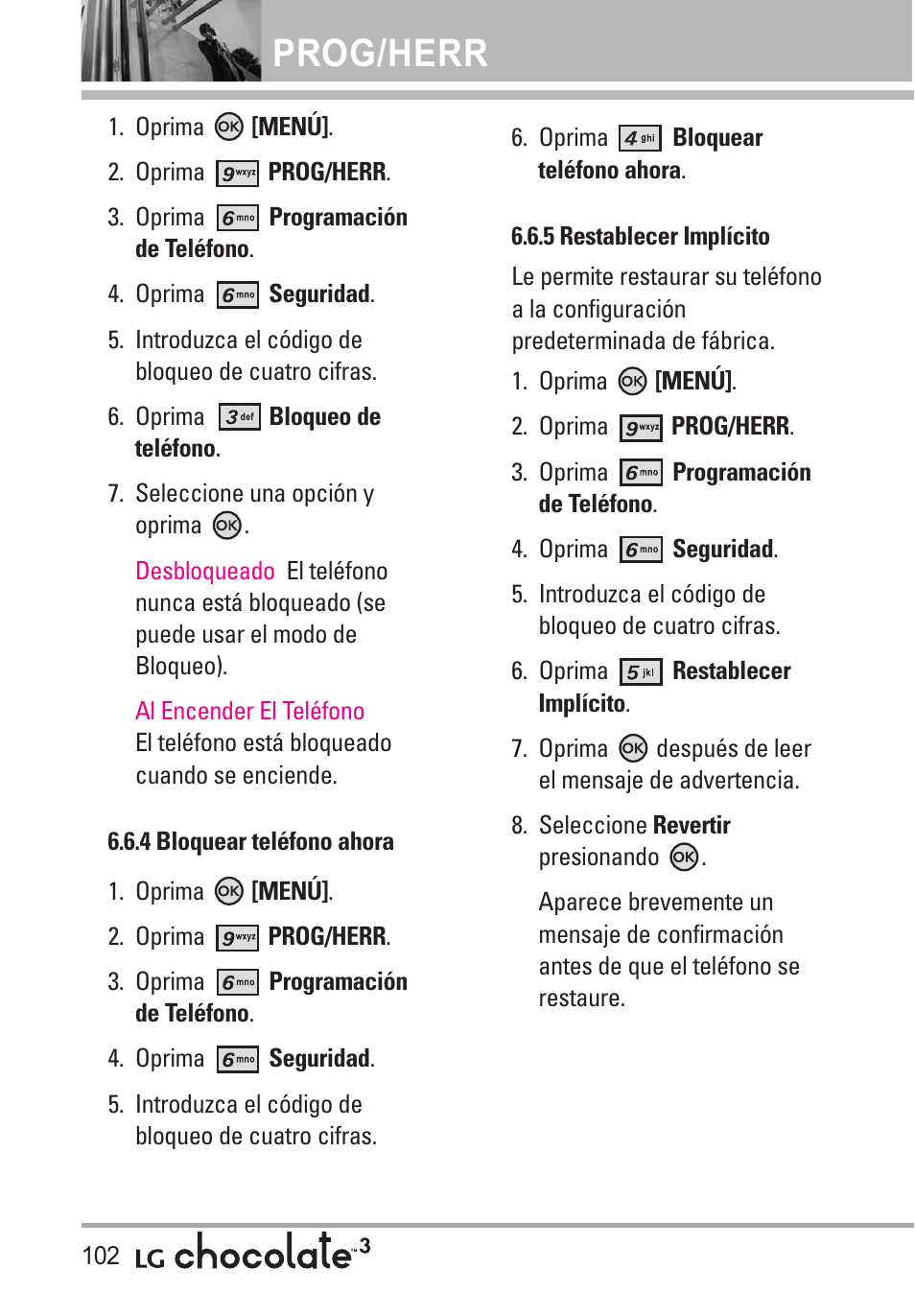 4 bloquear teléfono ahora, 5 restablecer implícito, Prog/herr | LG Chocolate 3 User Manual | Page 239 / 288