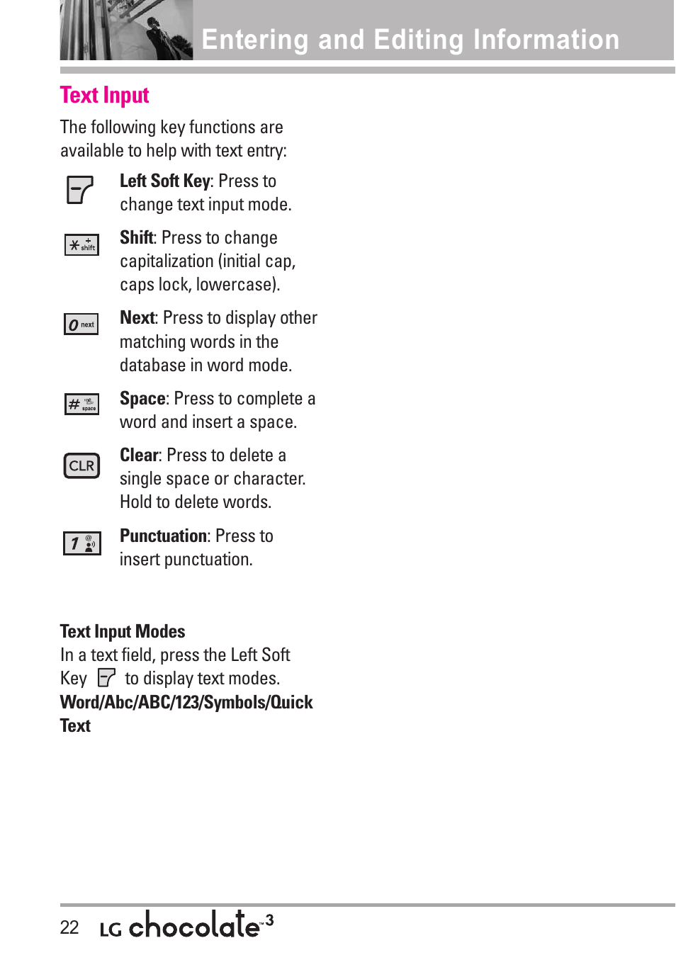 Entering and editing inform, Text input, Entering and editing information | LG Chocolate 3 User Manual | Page 24 / 288