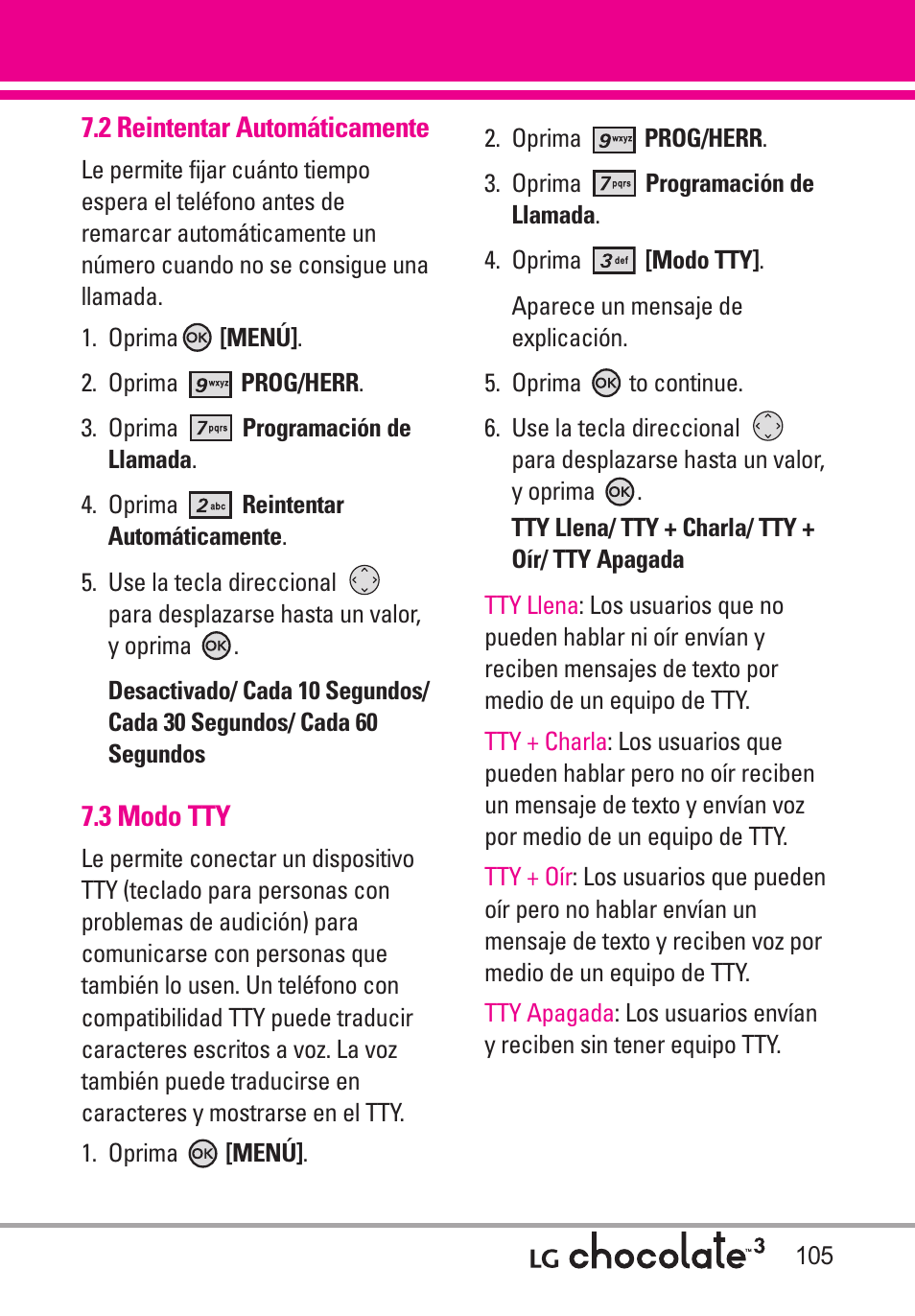2 reintentar automáticamente, 3 modo tty, 2 reintentar automáticamente .105 | LG Chocolate 3 User Manual | Page 242 / 288