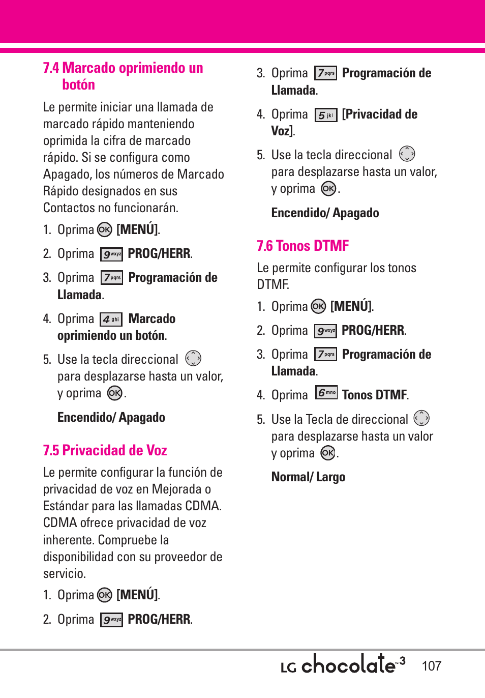 4 marcado oprimiendo un botón, 5 privacidad de voz, 6 tonos dtmf | 4 marcado oprimiendo un botón 107 | LG Chocolate 3 User Manual | Page 244 / 288
