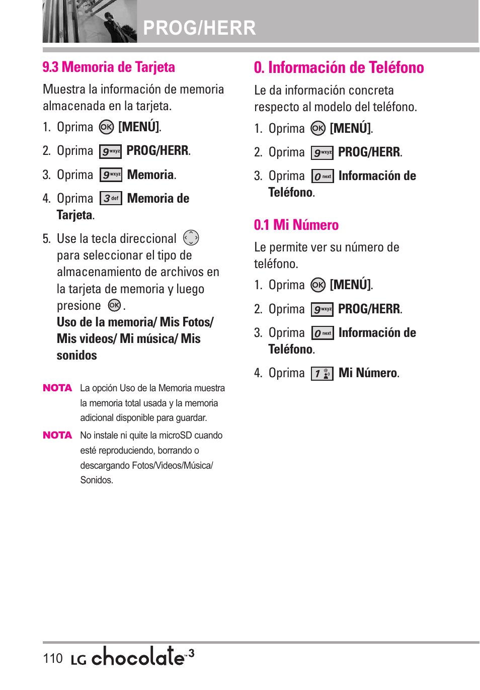 3 memoria de tarjeta, Información de teléfono, 1 mi número | Prog/herr | LG Chocolate 3 User Manual | Page 247 / 288