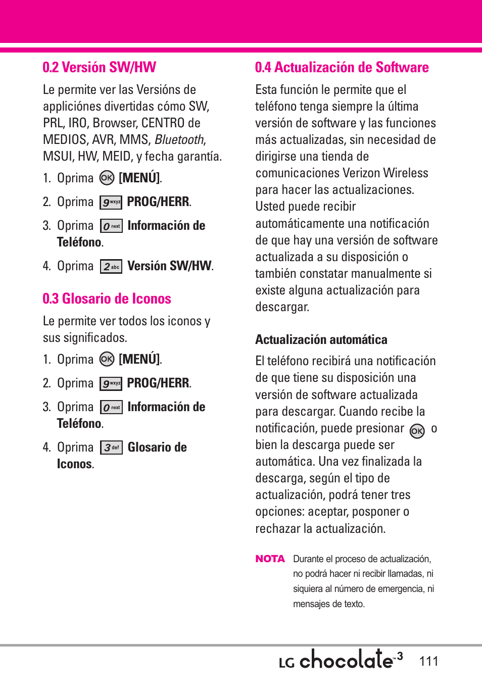 2 versión sw/hw, 3 glosario de iconos, 4 actualización de software | LG Chocolate 3 User Manual | Page 248 / 288