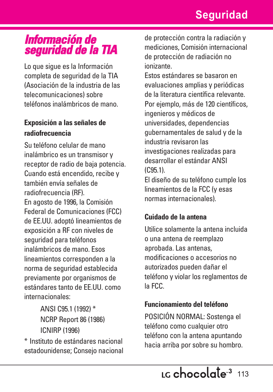 Información de seguridad de, Exposición a las señales de, Cuidado de la antena | Funcionamiento del teléfono, Información de seguridad de la tia | LG Chocolate 3 User Manual | Page 250 / 288