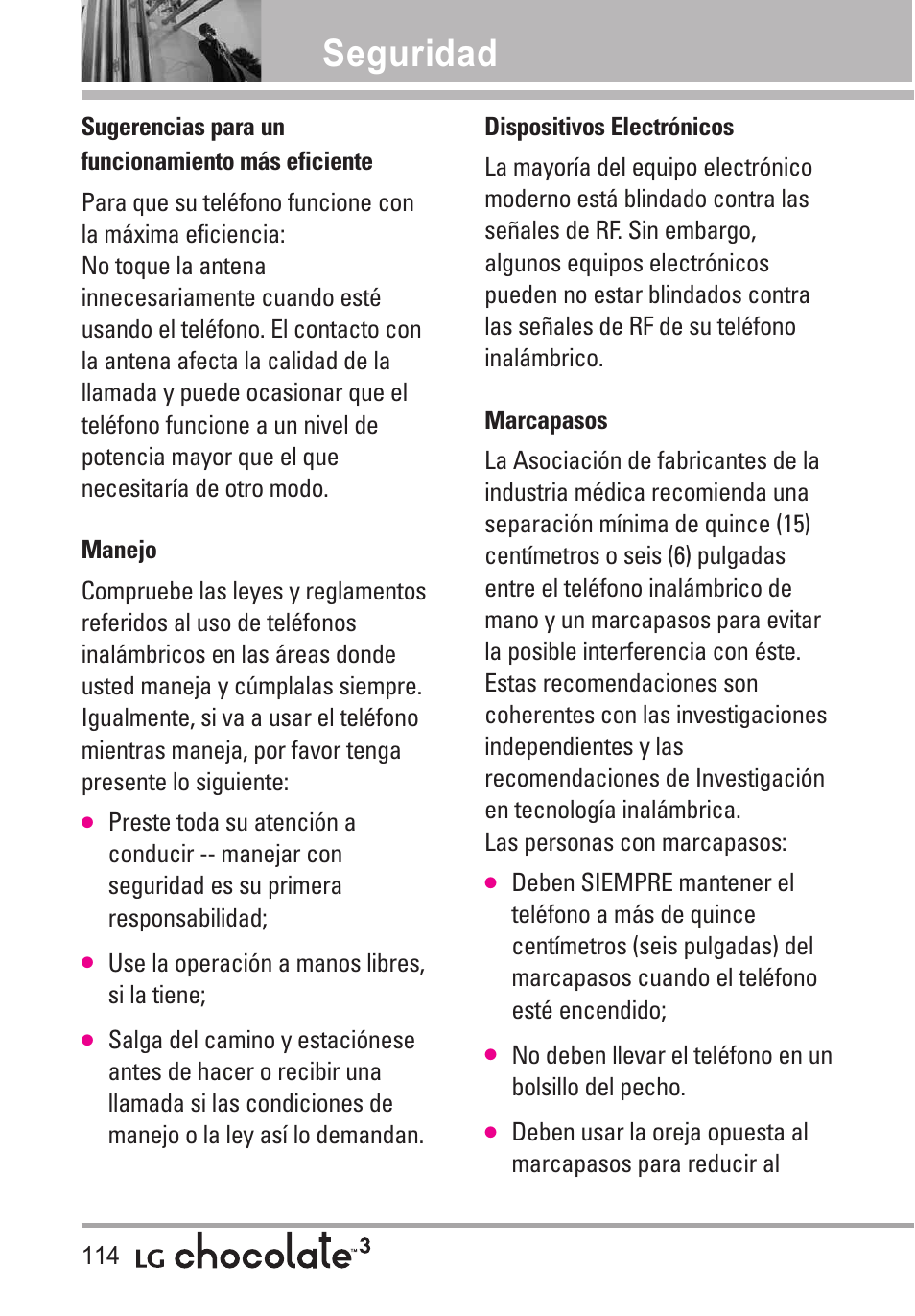 Sugerencias para un funciona, Manejo, Dispositivos electrónicos | Marcapasos, Seguridad | LG Chocolate 3 User Manual | Page 251 / 288