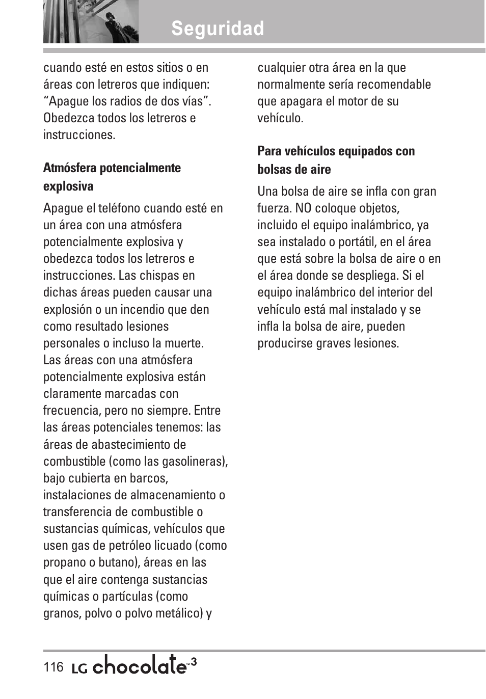 Atmósfera potencialmente ex, Para vehículos equipados con, Seguridad | LG Chocolate 3 User Manual | Page 253 / 288