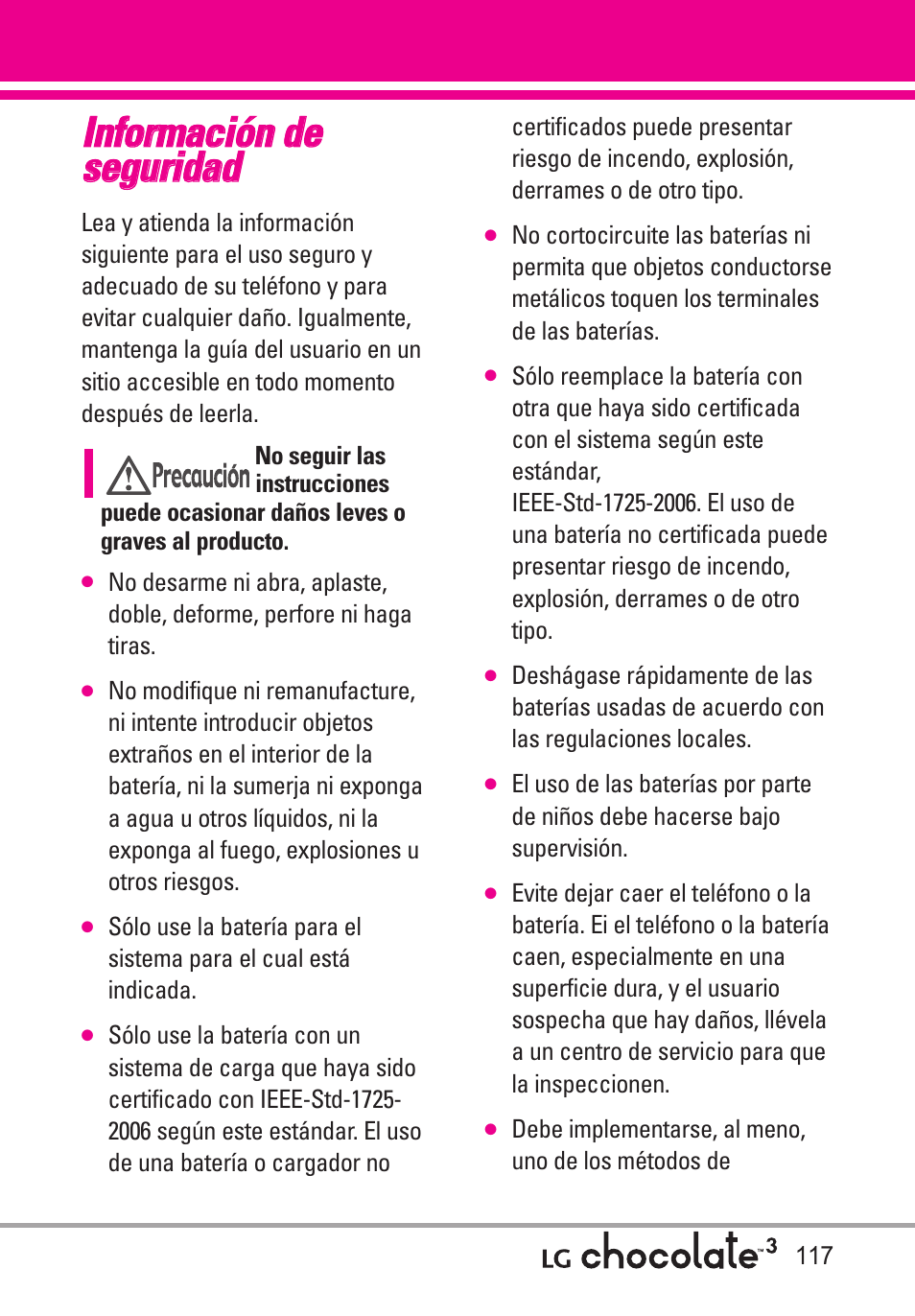 Información de seguridad | LG Chocolate 3 User Manual | Page 254 / 288