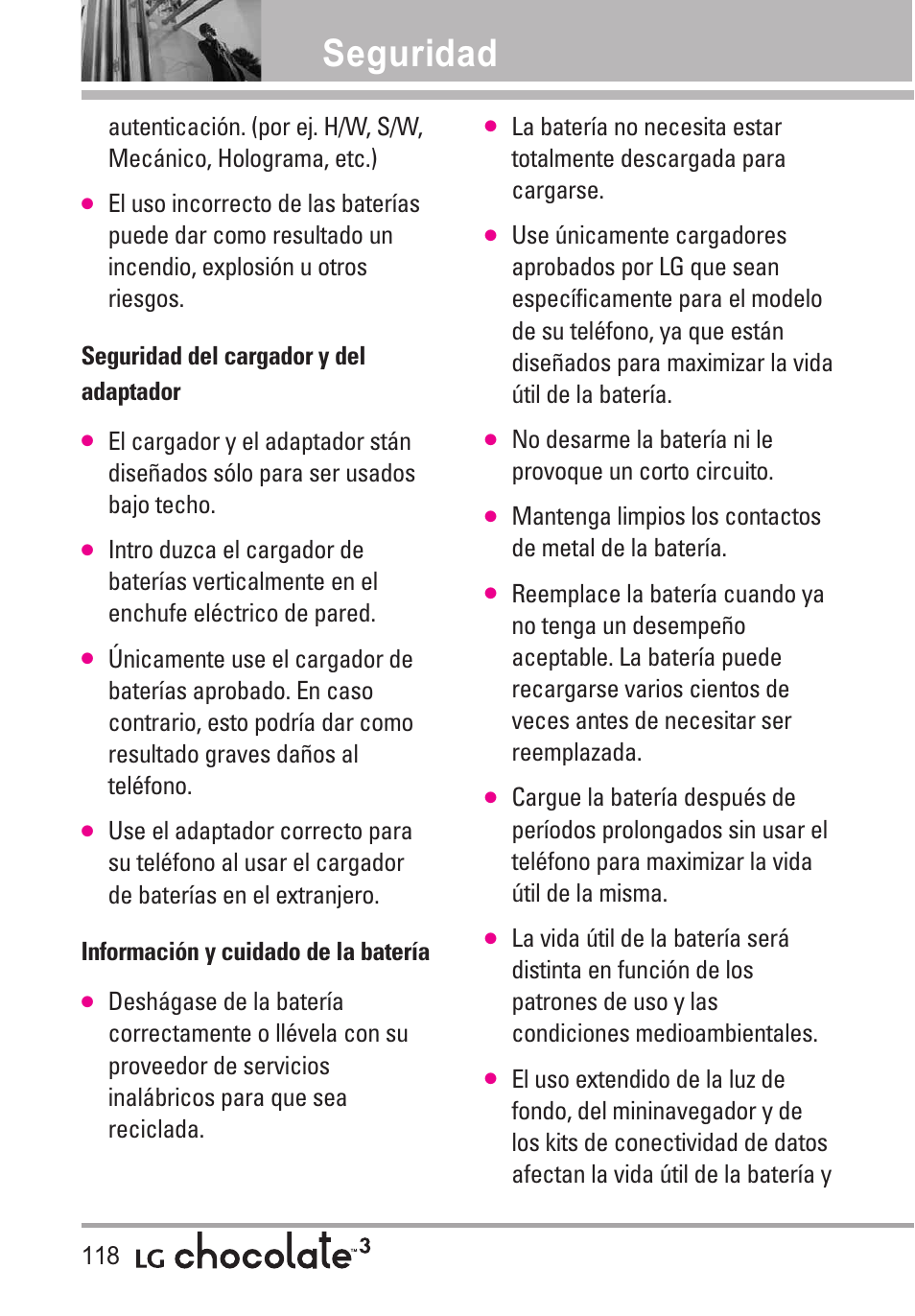 Seguridad del cargador y del, Información y cuidado de la, Seguridad | LG Chocolate 3 User Manual | Page 255 / 288