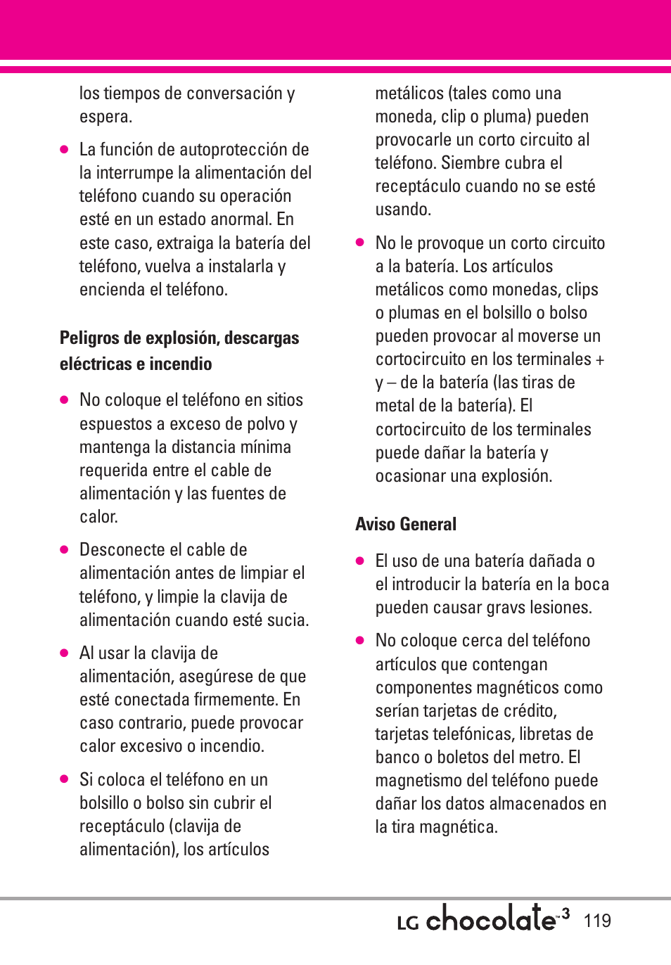 Peligros de explosión, desca, Aviso general | LG Chocolate 3 User Manual | Page 256 / 288