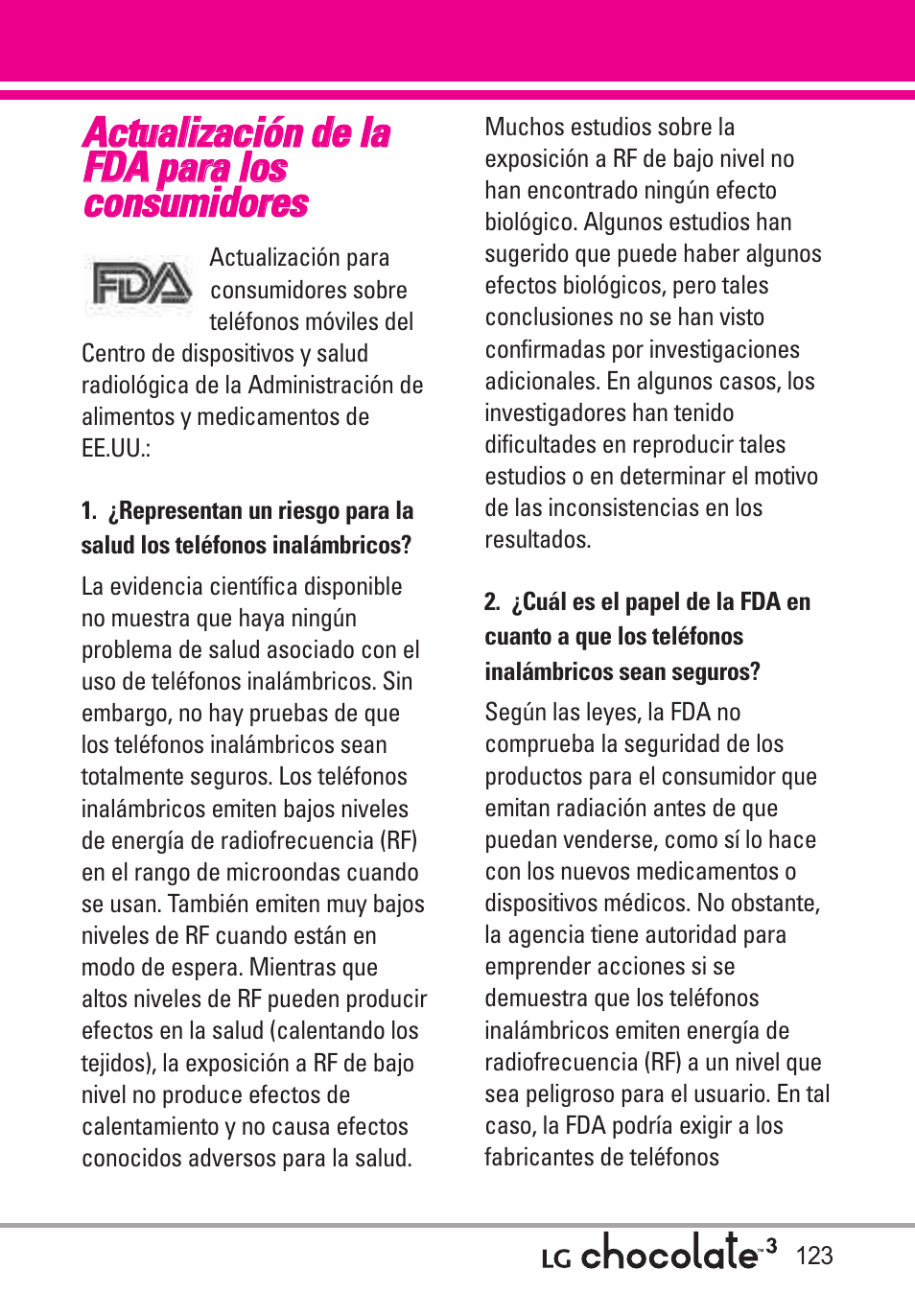 Actualización de la fda para, Actualización de la fda para los consumidores | LG Chocolate 3 User Manual | Page 260 / 288