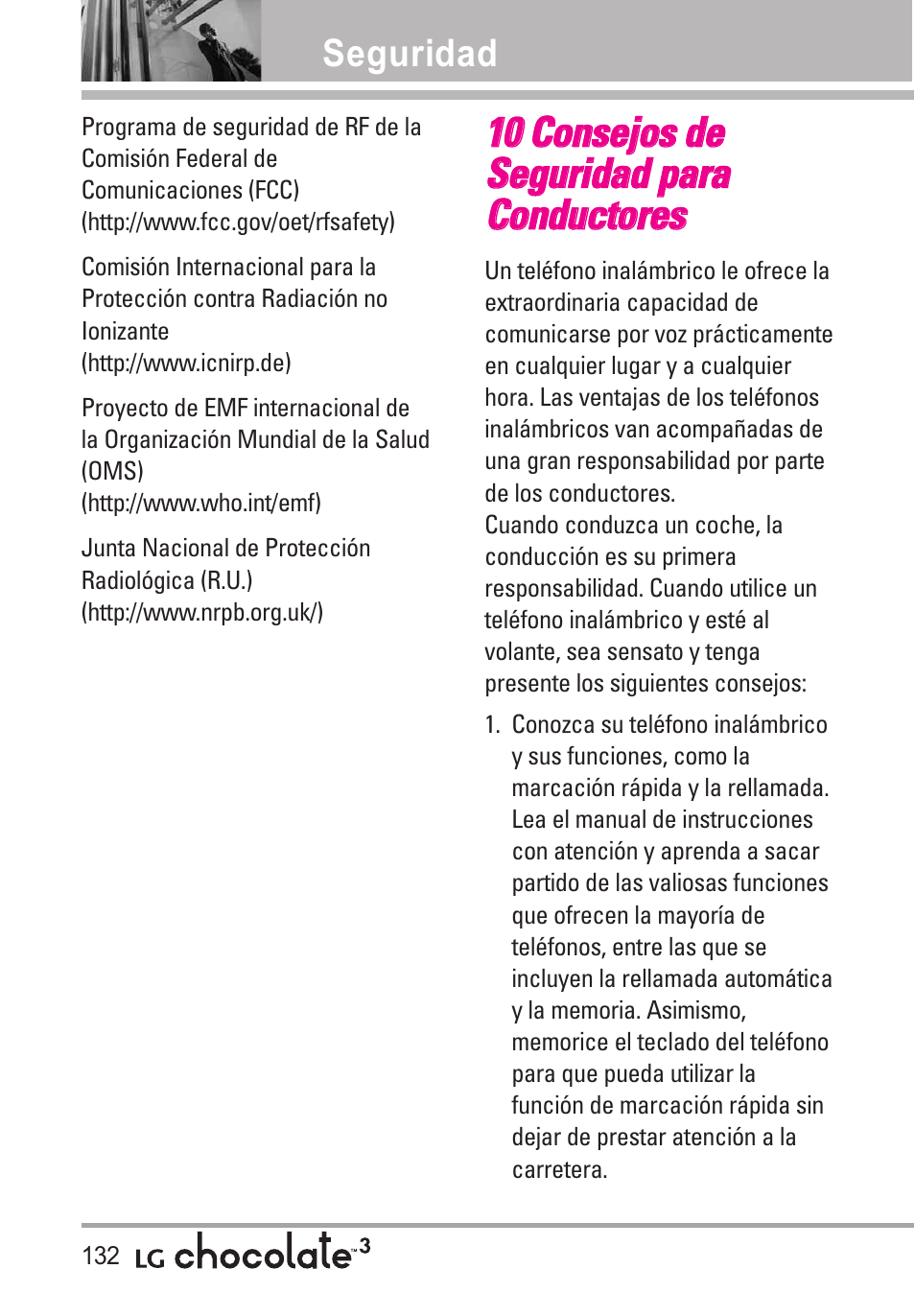 10 consejos de seguridad par, 10 consejos de seguridad para conductores | LG Chocolate 3 User Manual | Page 269 / 288