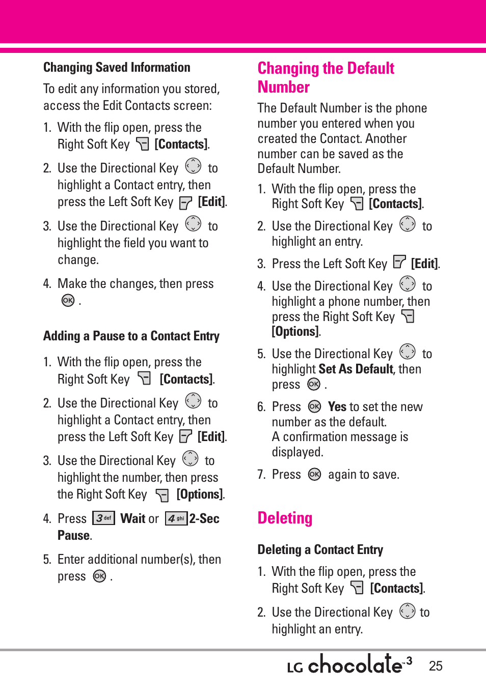 Changing the default number, Deleting | LG Chocolate 3 User Manual | Page 27 / 288