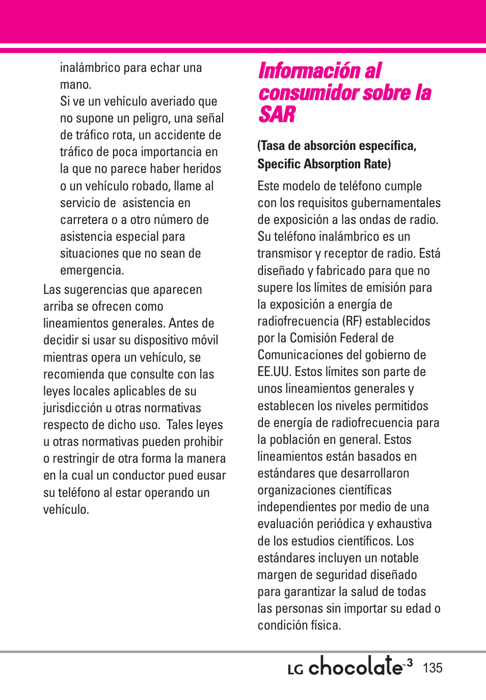 Información al consumidor so, Información al consumidor sobre la sar | LG Chocolate 3 User Manual | Page 272 / 288