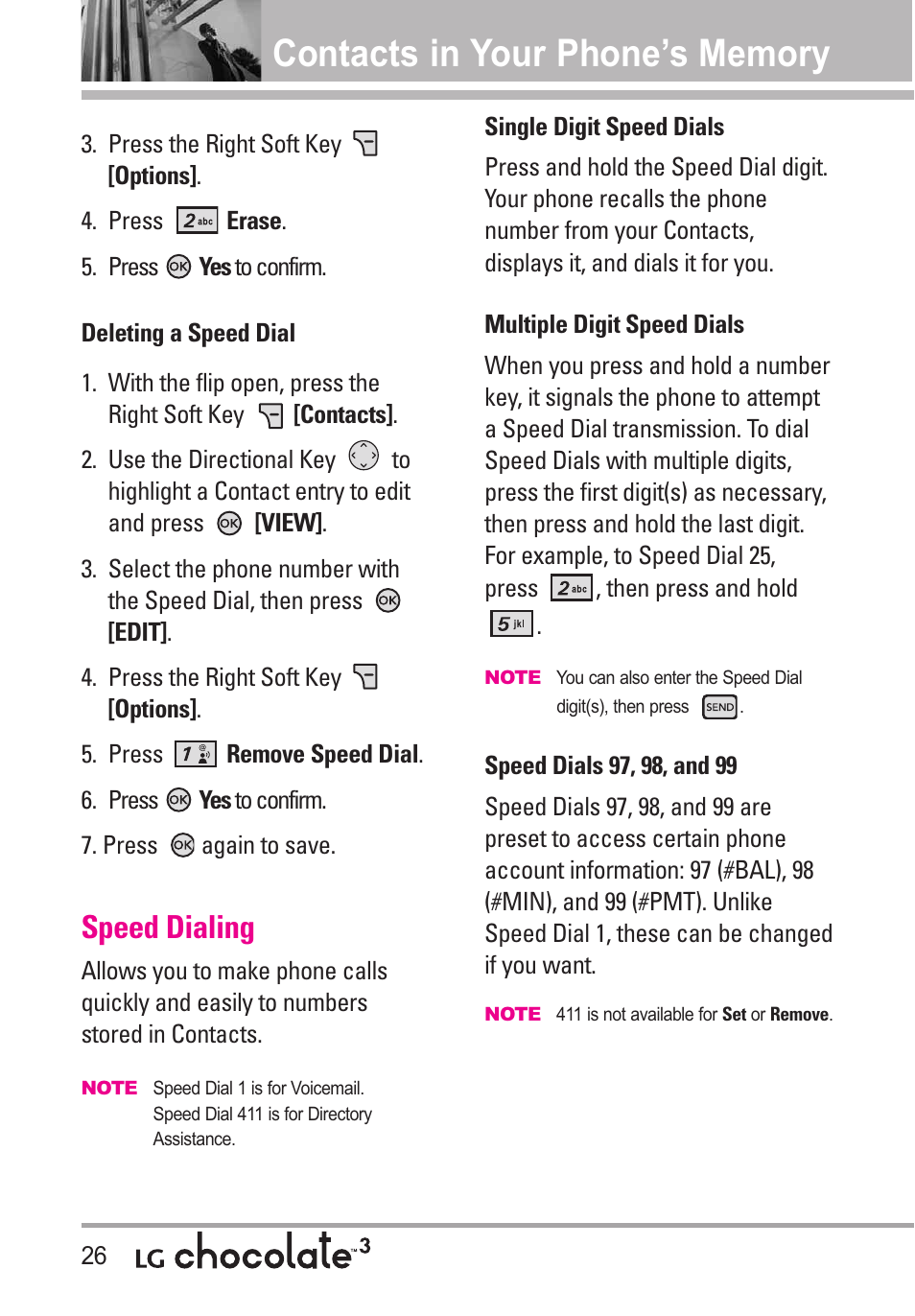 Speed dialing | LG Chocolate 3 User Manual | Page 28 / 288