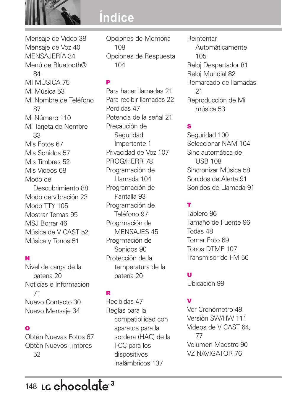 Índice | LG Chocolate 3 User Manual | Page 285 / 288