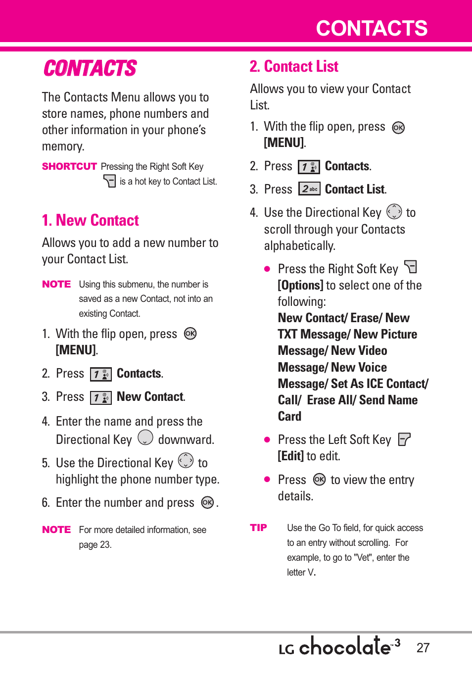 Contacts, New contact, Contact list | Cco on nt ta ac ct ts s | LG Chocolate 3 User Manual | Page 29 / 288