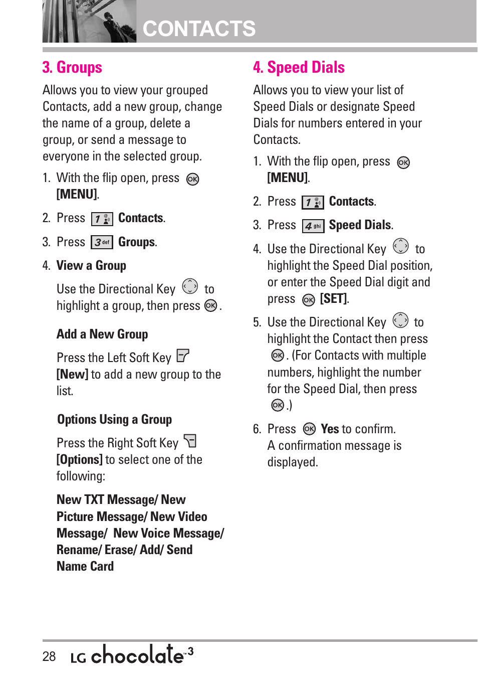 Groups, Speed dials, Contacts | LG Chocolate 3 User Manual | Page 30 / 288