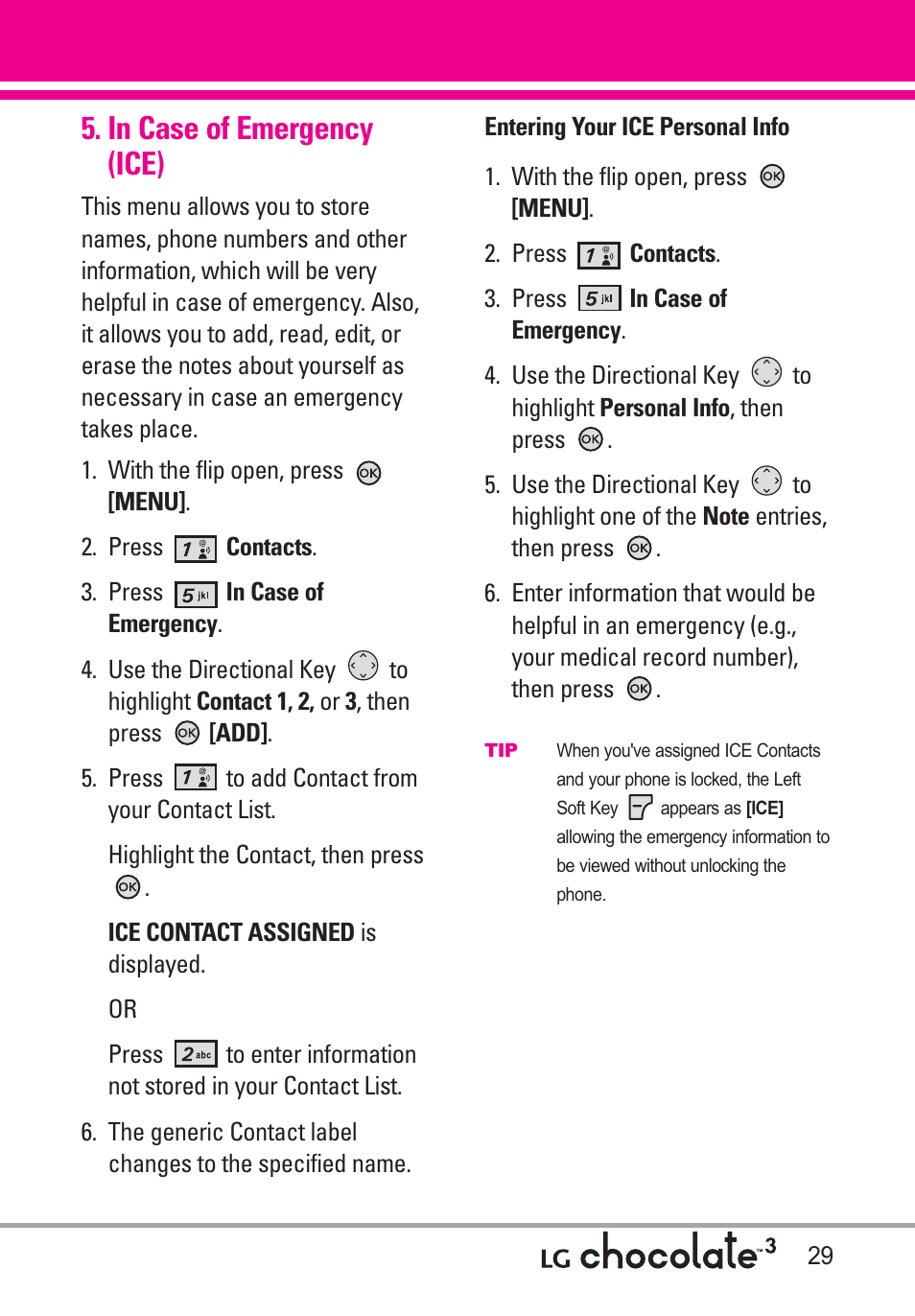 In case of emergency (ice) | LG Chocolate 3 User Manual | Page 31 / 288