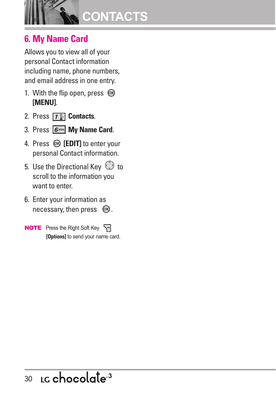 My name card, Contacts | LG Chocolate 3 User Manual | Page 32 / 288