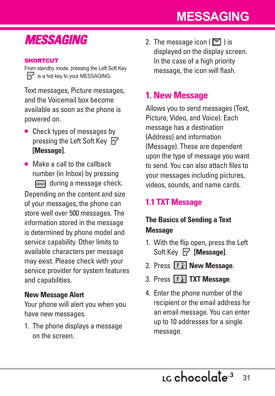 Messaging, New message, 1 txt message | Mme es ss sa ag giin ng g | LG Chocolate 3 User Manual | Page 33 / 288