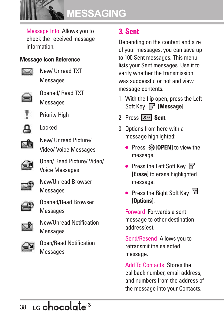 Sent, Messaging | LG Chocolate 3 User Manual | Page 40 / 288