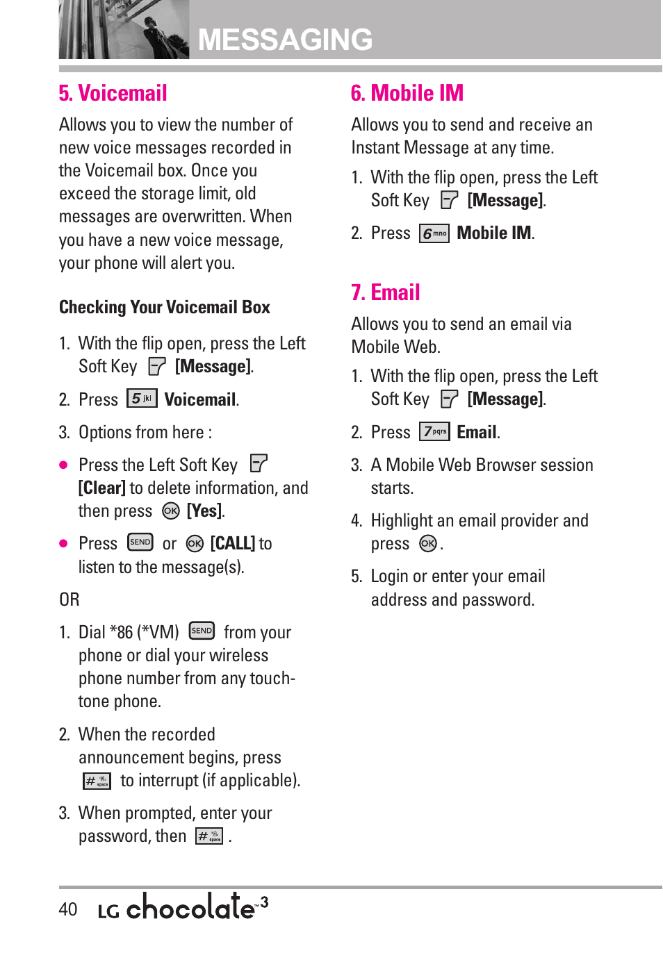 Voicemail, Mobile im, Email | Messaging | LG Chocolate 3 User Manual | Page 42 / 288