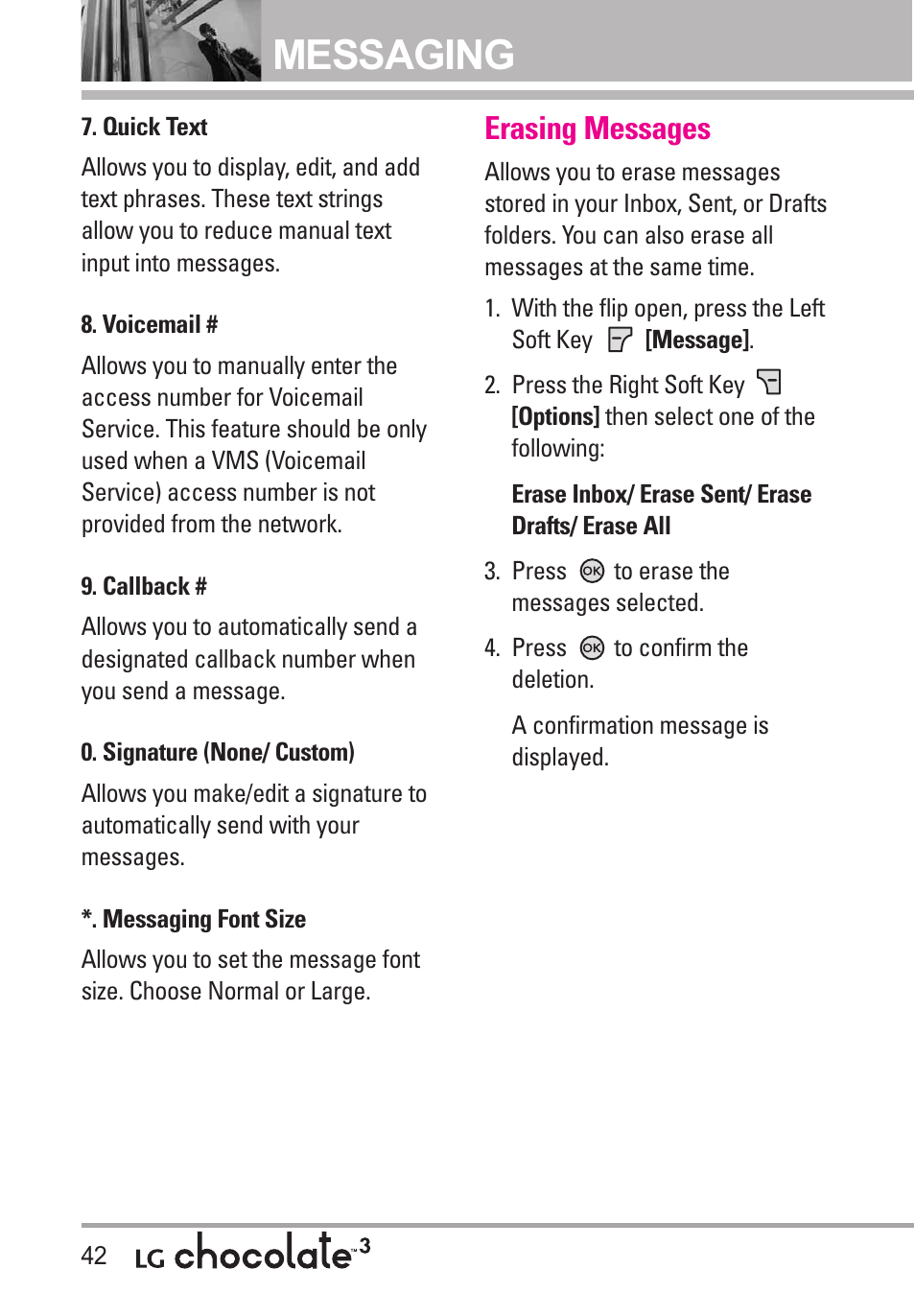 Quick text, Voicemail, Callback | Signature (none/ custom), Messaging font size, Erasing messages, Messaging | LG Chocolate 3 User Manual | Page 44 / 288