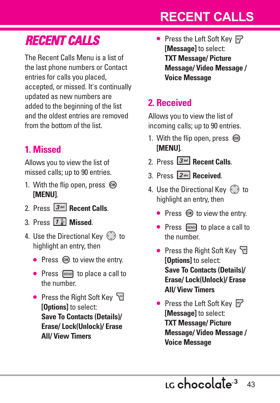 Recent calls, Missed, Received | LG Chocolate 3 User Manual | Page 45 / 288