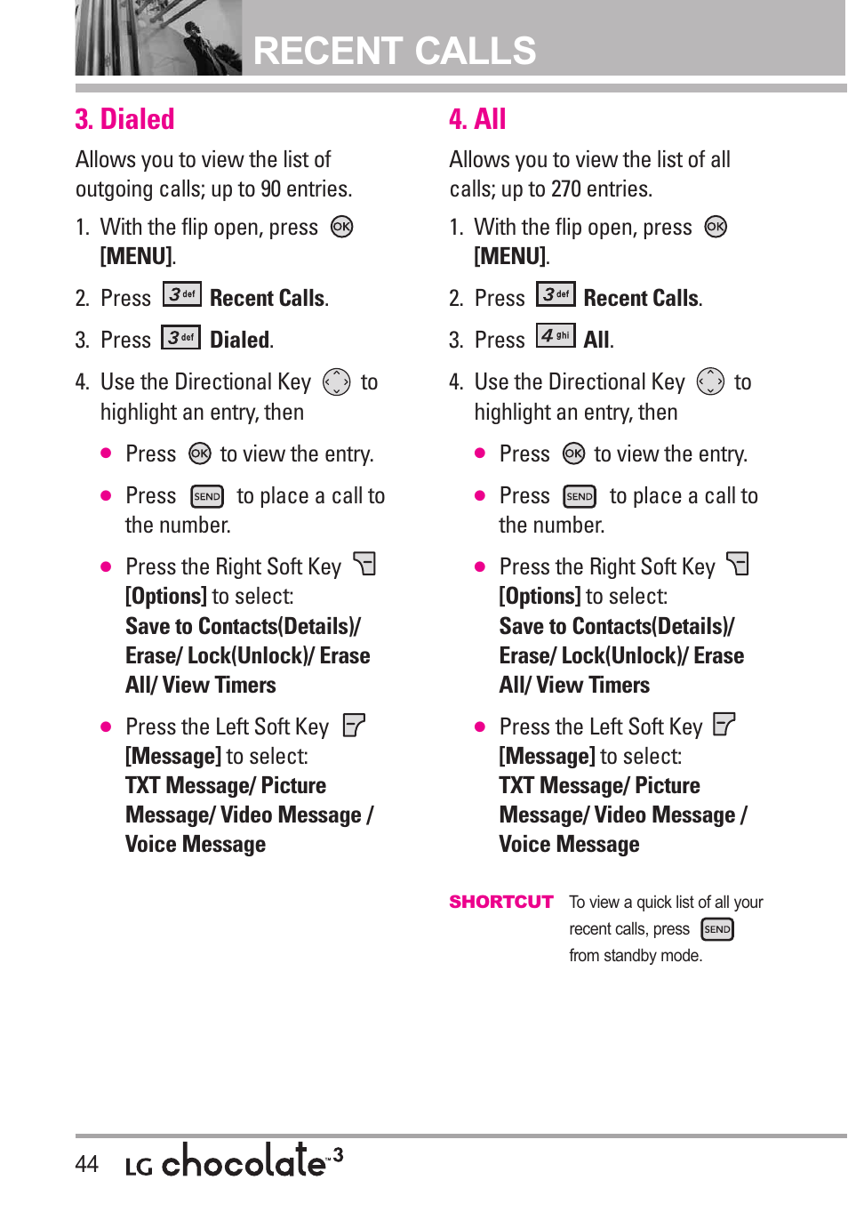 Dialed, Recent calls | LG Chocolate 3 User Manual | Page 46 / 288