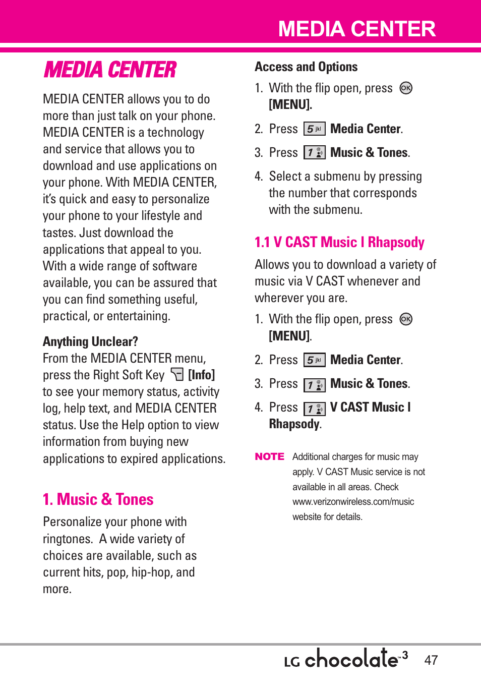 Media center, Music & tones, 1 v cast music l rhapsody | Mme ed diia a c ce en nt te er r | LG Chocolate 3 User Manual | Page 49 / 288