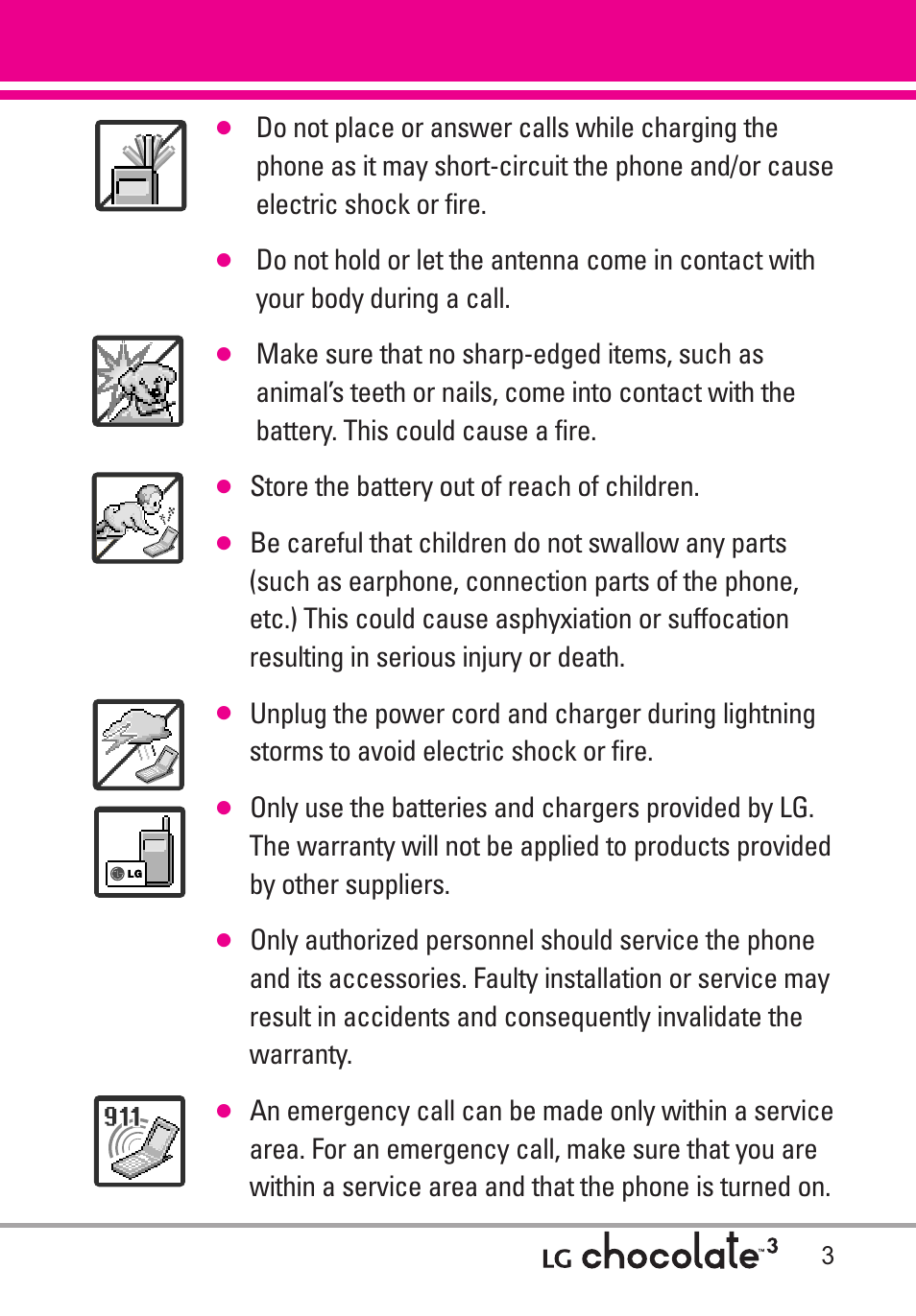 Store the battery out of reach of children | LG Chocolate 3 User Manual | Page 5 / 288