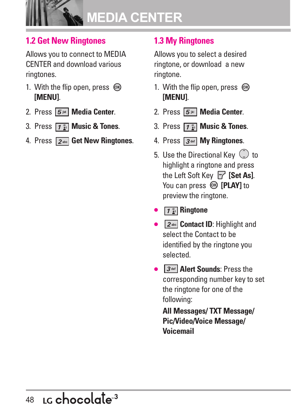 2 get new ringtones, 3 my ringtones, Media center | LG Chocolate 3 User Manual | Page 50 / 288