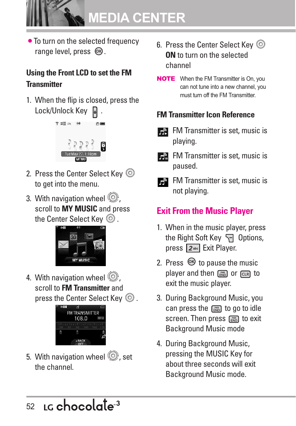 Exit from the music player, Media center | LG Chocolate 3 User Manual | Page 54 / 288