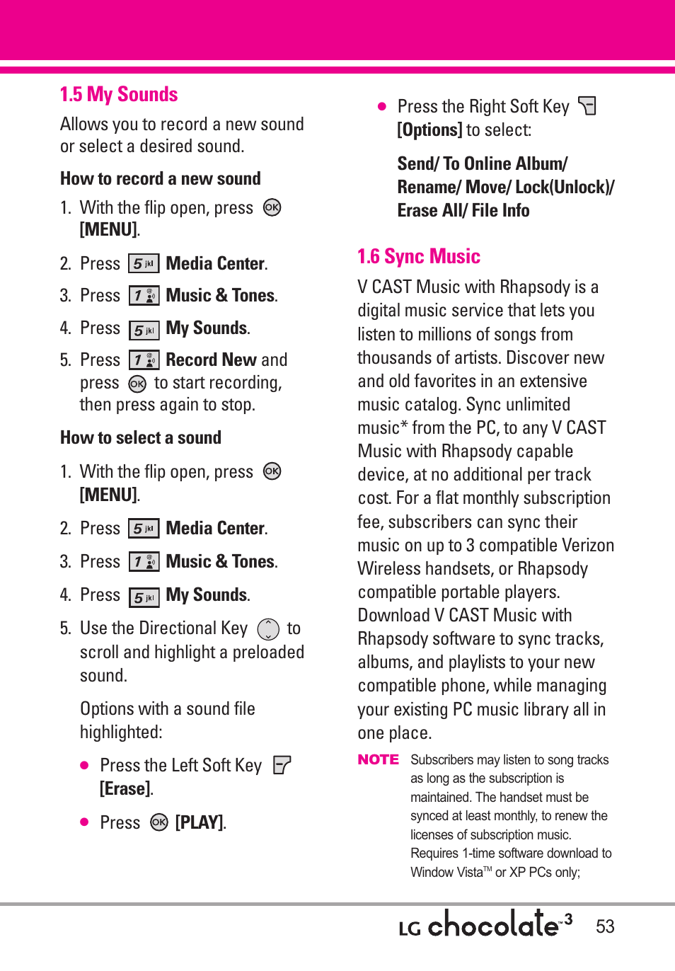 5 my sounds, 6 sync music | LG Chocolate 3 User Manual | Page 55 / 288