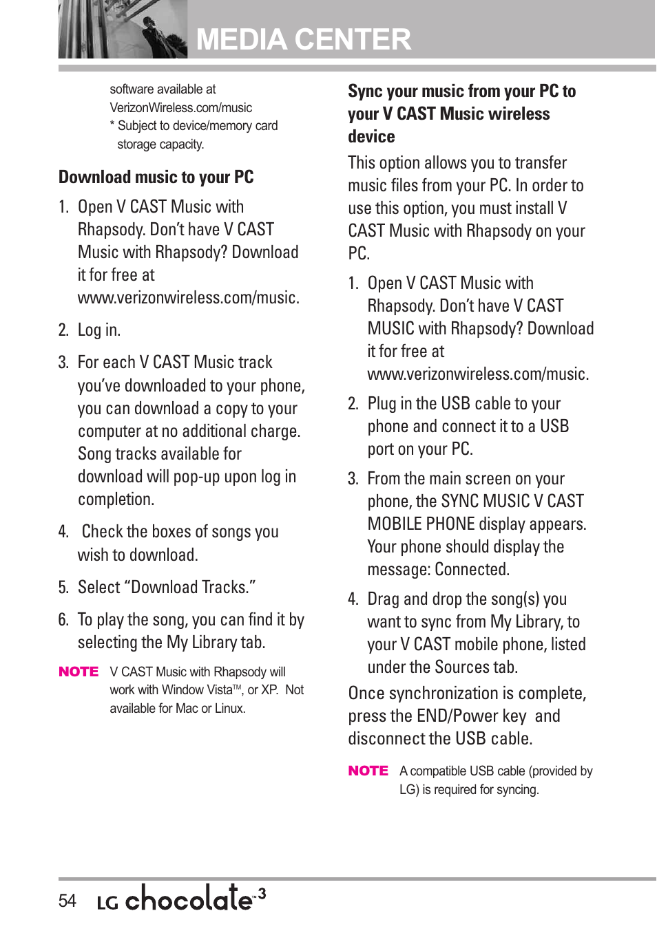 Media center | LG Chocolate 3 User Manual | Page 56 / 288