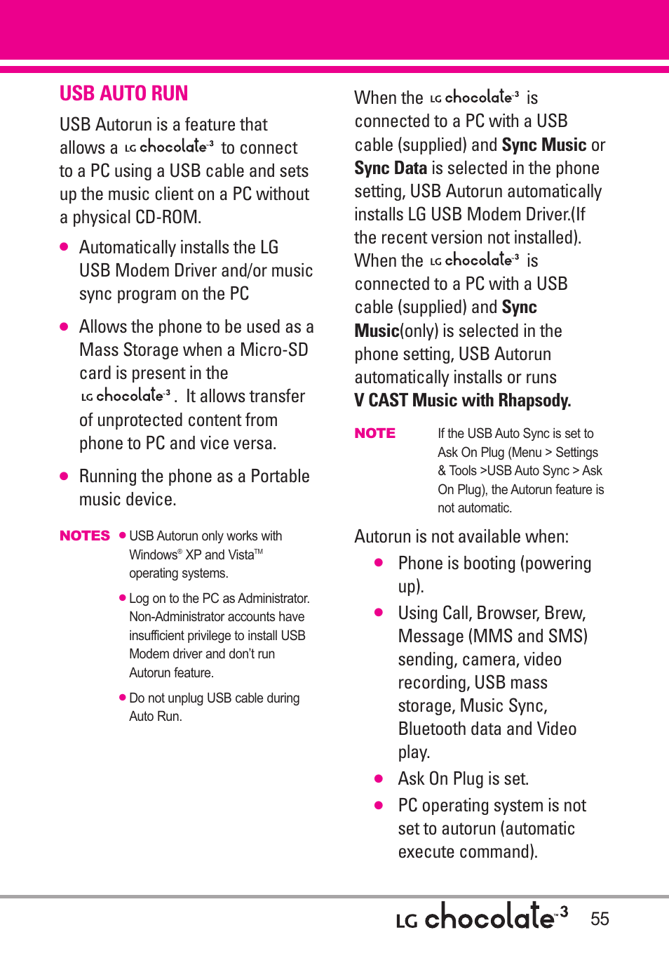 Usb auto run, Running the phone as a portable music device, Autorun is not available when | Phone is booting (powering up), Ask on plug is set | LG Chocolate 3 User Manual | Page 57 / 288