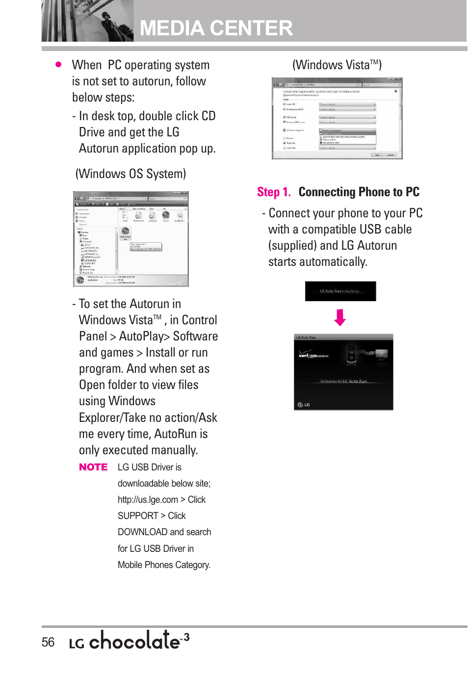 Media center | LG Chocolate 3 User Manual | Page 58 / 288