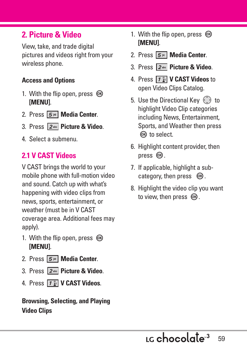 Picture & video, 1 v cast videos | LG Chocolate 3 User Manual | Page 61 / 288