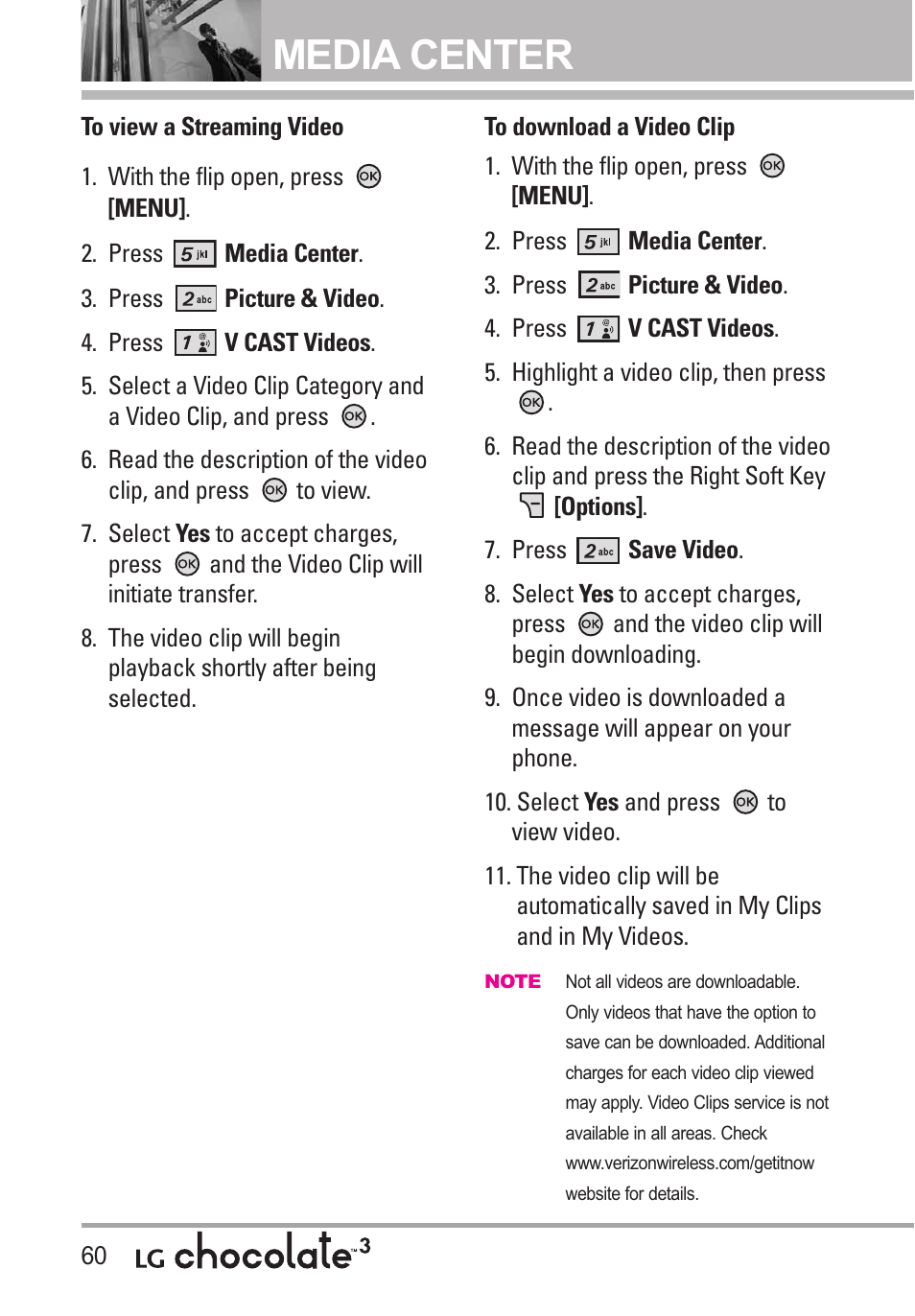 Media center | LG Chocolate 3 User Manual | Page 62 / 288