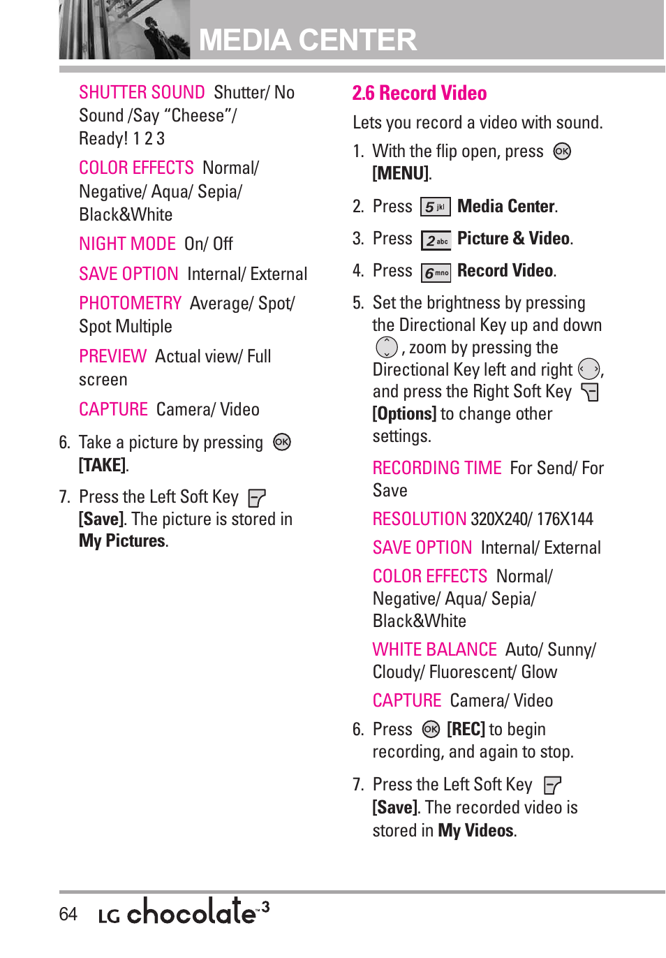 6 record video, Media center | LG Chocolate 3 User Manual | Page 66 / 288