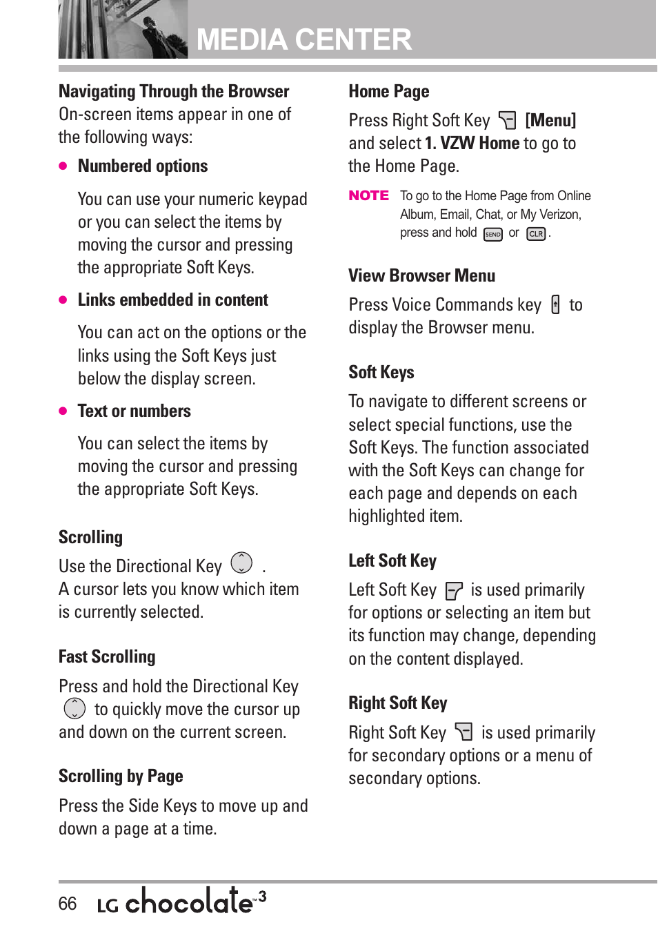 Media center | LG Chocolate 3 User Manual | Page 68 / 288