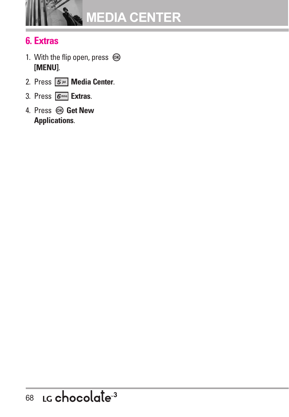 Extras, Media center | LG Chocolate 3 User Manual | Page 70 / 288