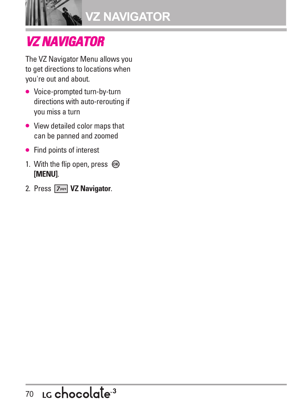 Vz navigator, Vvz z n na av viig ga at to or r | LG Chocolate 3 User Manual | Page 72 / 288